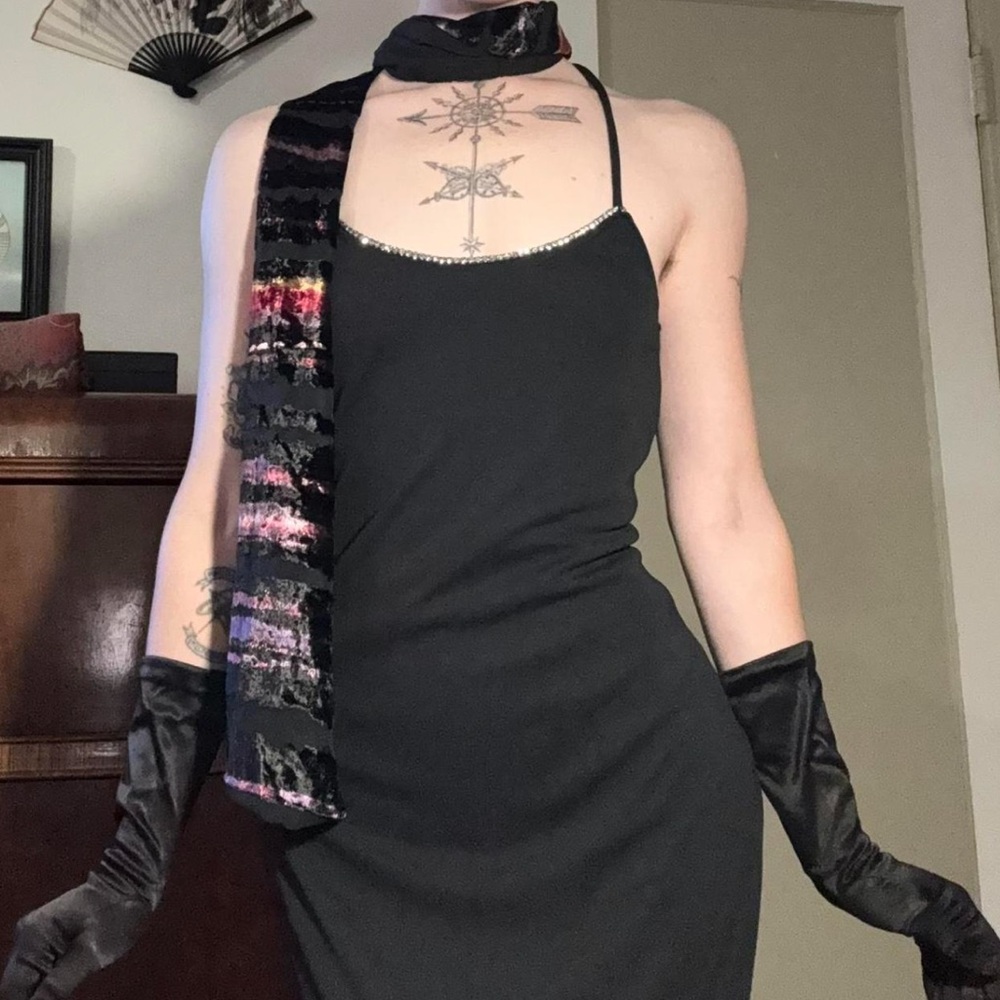 “Jump” black maxi dress with rhinestone neckline feature~~
